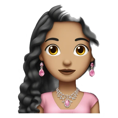 White girl with long black hair wearing a pink dress with jewelry sticker