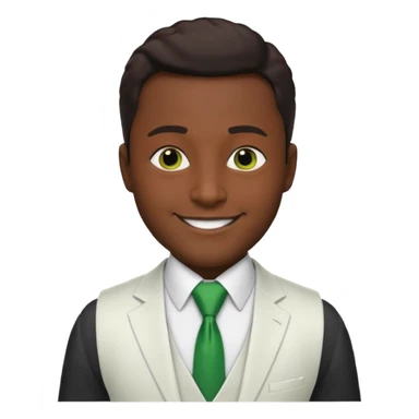 businessman, black skin, brown eyes, white suit vest, green tie sticker