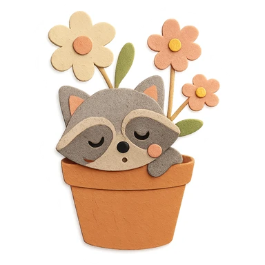 a sleepy raccoon inside a flower pot with a few flowers inside the pot, pastel earthy colors, paper craft style sticker