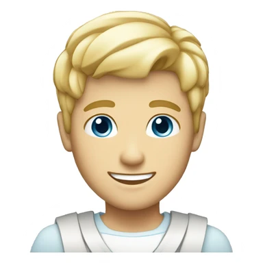 blonde male with short hair, sky blue eyes, big smile and a costume sticker