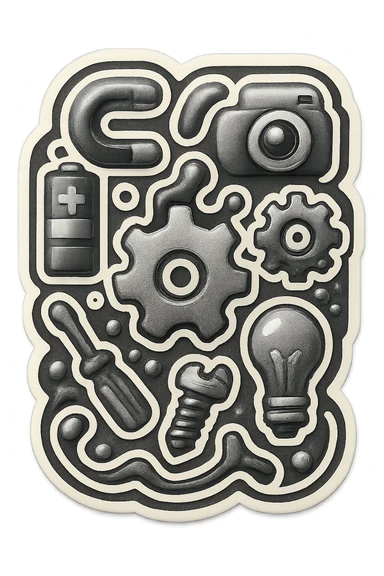 Psychedelic, chaotic card back of metal, technology, and mechanical parts in emoji style, abstract, vibrant, and entirely greyscale. sticker