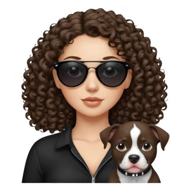 Black and white pitbull with brunette with curly hair girl Make her with a black hirt and dark black sunglasses where you can't see her eyes? sticker