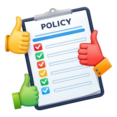 Ads policy document with thumbs up and check marks, showing approval sticker
