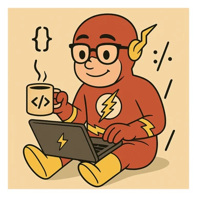 Make The Flash a nerdy programmer, add a laptop, code symbols, and a mug with a code logo, playful illustration style. sticker