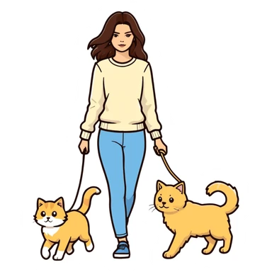 Kendall Jenner with long brown hair walking a golden retriever dog and three cats, two cream colored cats and one white and blue cat sticker