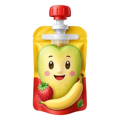 Ein weicher, bunter Standbeutel für Kinder, gefüllt mit püriertem Obstmus. Oben hat er einen kleinen wiederverschließbaren Schraubverschluss, aus dem Kinder direkt trinken oder saugen. Verpackung wie Babynahrung-Beutel aus dem Supermarkt, mit fröhlichem Obst-Design (Apfel, Banane, Erdbeere). sticker