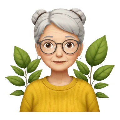 Abuela con arrugas, cabello canoso blanco en moño, expresión tierna, gafas redondas, suéter amarillo y detalles relacionados con plantas. Estilo amable y acogedor. sticker