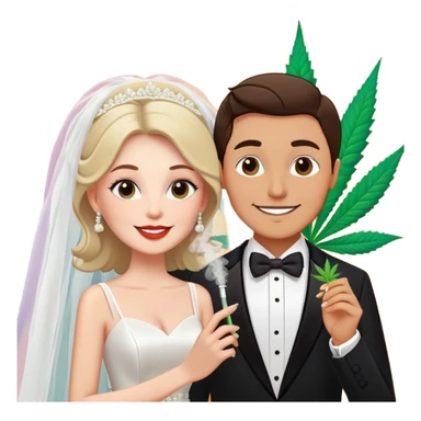 Bride in white dress and groom in tuxedo sharing a cannabis joint, cheerful cartoon wedding couple with vibrant colorful background sticker