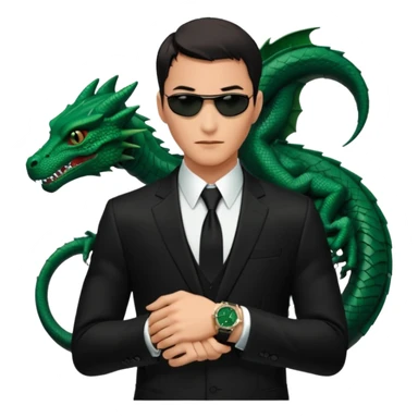 mysterious scenery: green audemars piguet watch (without text), black bugatti, and a dark green dragon, and a mysterious agent from The Matrix with his eyes censored sticker