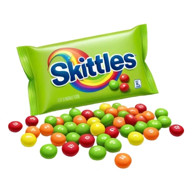 Regular rainbow-colored Skittles package with the standard logo and design, but only lime green Skittles candies spilling out sticker