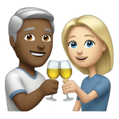 A white woman with brown eyes and blond hair and a white man with blue eyes and grey hair, they toast to each other with a glass of white wine. sticker