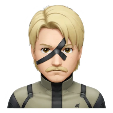 Style : Manga détaillé façon Metal Gear Solid — lignes nettes, ombres douces, couleurs vives. Personnage : cache-œil noir à gauche, cheveux blonds mi-courts avec côtés foncés, yeux marron, moustache fine, sweat clair.  sticker