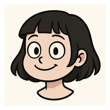 young girl with pale skin, black bob haircut, cartoon features, big simple eyes, simple smile, minimal details, Telegram sticker style, head only without neck, white background sticker