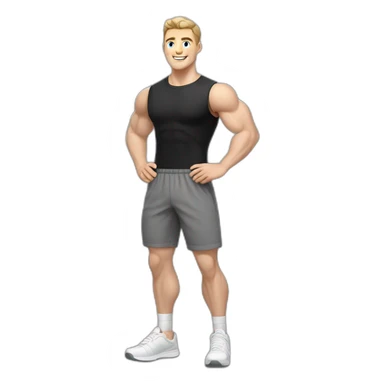 Joyful Pale skinned Fit Man With the biceps and dark brown hair in black shirt, gray sports shorts and white Sneakers sticker