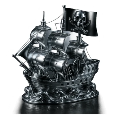 Edit the flag to feature an emblem that closely resembles the provided skull and crossed bones: a realistic animal skull with open mouth and two curved bones crossing behind it, in a chrome style. Maintain the stormy chrome pirate ship scene. sticker