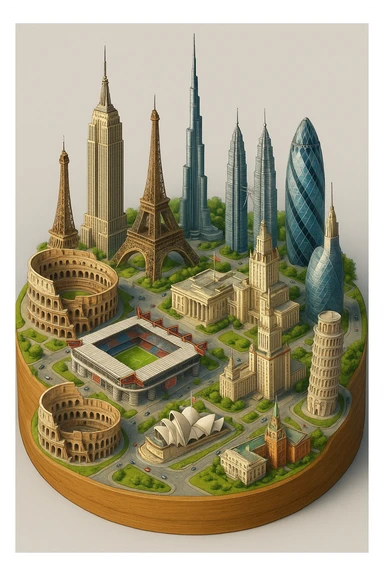 Оставь основу картинки - деревянную подставку, но при этом сгенерируй изометричная, яркая, детализированная и фотореалистичная иллюстрация где будет самые узнаваемые здания мира Эмпайр Стейт Билдинг, Эйфелева башня, Колизей, Сиднейская опера, стадион Сан-Сиро, Белый Дом Пизанская башня, здание МГУ, Бурдж-Халифа, Башни Петронас, Небоскрёб Фостера в Лондоне, Рейхстаг, Тайбэй sticker