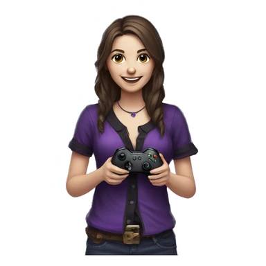 Brown haired gothic country gaming girl smiling holding a purple Xbox controller sticker