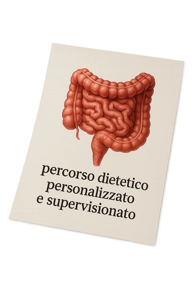 foglio di carta con intestino disegnato sopra e la scritta "percorso dietetico personalizzato e supervisionato", iperrealistico 4k sticker