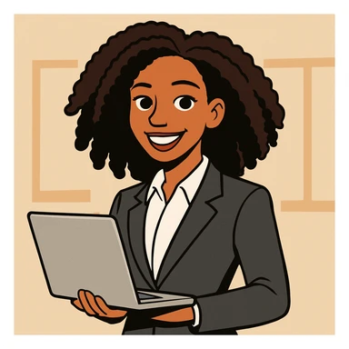 Convert this image to a cartoon style with a confident, successful CEO vibe. The girl should have slightly longer hair and lighter skin tone, maintaining her confident expression and professional appearance. sticker