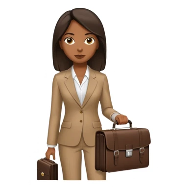 dark brown woman with dark brown shoulder length straight hair in an executive tan suit carrying one briefcase sticker