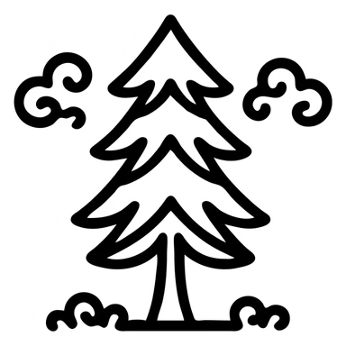 simple single evergreen tree with clouds in Slavic folk art style, dark neutral forest color tones, illustrated outlines, suitable for favicon sticker