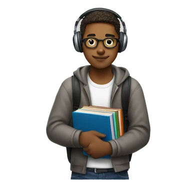 A university student holds books and textbooks in his left hand, headphones in his right hand

 sticker