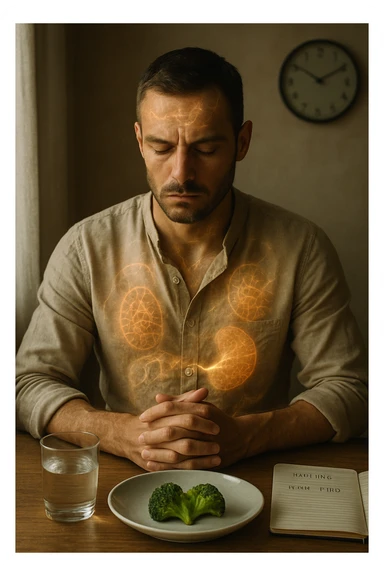 A cinematic close-up of a focused man in his mid-30s with slight beard and tired but determined eyes, sitting alone at a simple wooden table with an untouched plate of food in front of him. His hands are clasped, fingers interlocked in a meditative position over his lower abdomen, symbolizing willpower and internal balance. He wears a lightweight natural fiber shirt, sleeves rolled up. The lighting is soft and natural, early morning light coming from a nearby window. Around him, visual cues of cellular regeneration — faint glowing patterns subtly overlaying his body, especially near the liver, gut, and brain, suggesting autophagy and deep healing. The room is minimalist: a glass of water, a notebook with fasting hours, and a clock in the background ticking calmly. The tone is serene, intentional, and deeply introspective. Shot in 35mm cinematic style, warm highlights and clean shadows. sticker