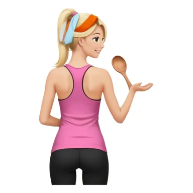 Render from knees up, view from the back, fair skinned woman, thin, long blond hair, cooking dinner in kitchen, pink loose tank top, showing natural B cup breast shape SFW, black yoga pants, perfect booty, looking back sticker