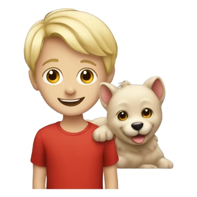 blonde boy smiling in red with a cute animal sticker