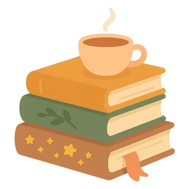 A cute stack of books with a cozy and magical vibe, each book bound in soft, harmonious colors: golden orange (FA9B41), forest green (4A7C5C), warm taupe brown (96775A), and pastel peach (FFCC9A). The books are slightly worn with rounded corners and decorative covers featuring tiny stars, floral motifs, or whimsical patterns. A ribbon bookmark peeks out from one, and a small cup of tea or magical trinket rests on top of the stack. The lighting is warm and gentle, with a dreamy, storybook feel. The overall scene feels inviting, charming, and gently enchanted sticker