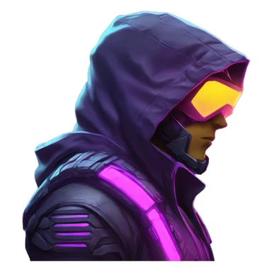 Side view developer behind his laptop with this style : crysis Cyberpunk Valorant neon glowing bright purple character purple violet black hooded assassin themed character sticker