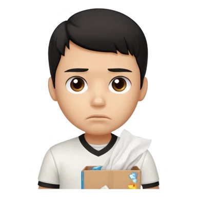 generate a pretty bratz boy with black hair, wearing a white polo shirt. Looking sad, holding a box of tissues sticker
