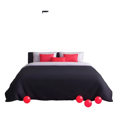 dark bedroom with black walls, black bed frame with black sheets, framed paintings of magic 8 balls and cherries, black nightstand with red LED lights sticker