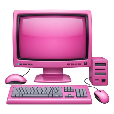 shiny pink translucent 90s computer with CRT monitor, keyboard, PC tower, mouse sticker