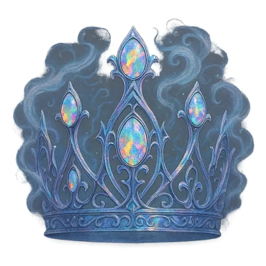 gothic crown in iridescent silver with rainbow opals and swirling mist details, ethereal and magical sticker