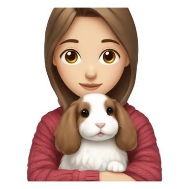 Brown hair girl in a sweater hugging a white mini lop sticker