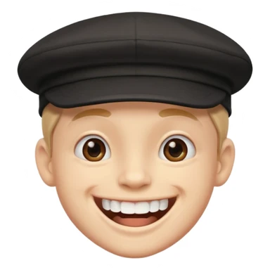 cheerful boy in a black cap showing big front teeth sticker