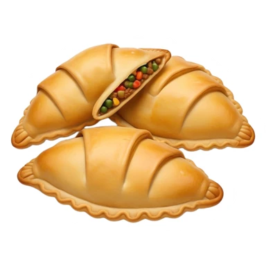 Cinematic Realistic Empanadas Dish Emoji, showcasing crispy fried turnovers filled with spiced meat and vegetables rendered with rich textures and dynamic, appetizing lighting. sticker