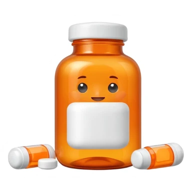 A 3D cartoon medicine bottle with orange transparent body and white cap, filled with pills, soft studio lighting, realistic Memoji-style. sticker