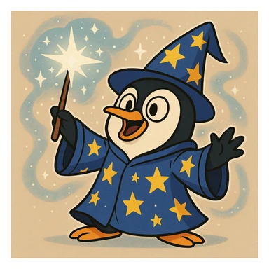 playful cartoon style penguin wizard casting a sparkling spell, with a starry robe and magical aura sticker