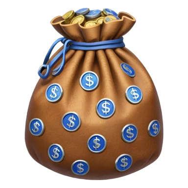 brown money bag full off blue coins inside sticker