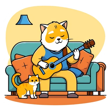  old blind man playing guitar  on the couch with his golden cat  sticker