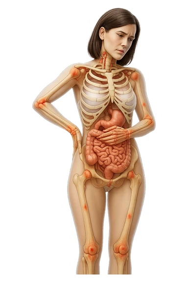 donna realistica a figura intera con red spot sparsi alle ossa, ossa del corpo visibili sul corpo, non sul volto iperrealistico 4k sticker