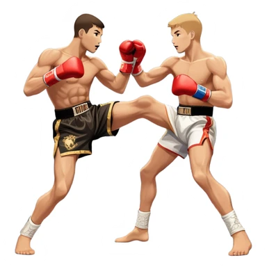 An icon showcasing a high-energy kickboxing match. Two fighters in action, one delivering a powerful roundhouse kick while the other defends with gloves raised. The background features a professional ring with bright lights and a cheering crowd. Transparent background. sticker