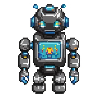 Pixelated robot coder, programming logo sticker