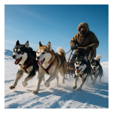 A sled dog team pulling a traveler across the Arctic tundra, dynamic action, crisp cold atmosphere sticker