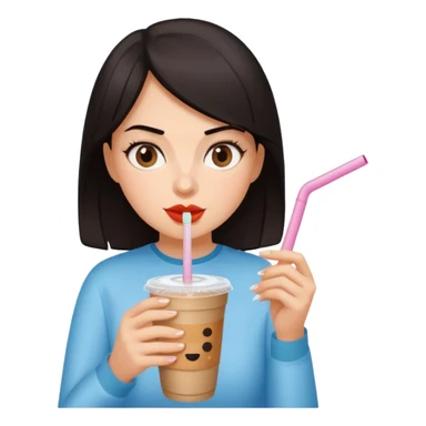 컴퓨터하면서 아이스 아메리카노(테이크아웃 잔에 담긴)를 많이 마시고 있는 다크서클 검은머리 여자 sticker