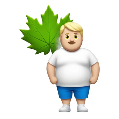 Fat blond guy with a white shirt that has a blue maple leaf on it that has light green shorts sticker