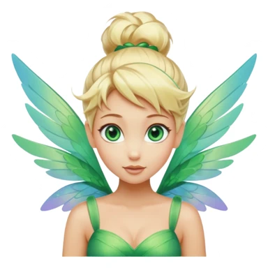 Isolated, rendering, modern Tinkerbell wuth futuristic iridescent color wings, flying above fluffy white clouds, blonde beautiful hair in messy bun,  emerald green eyes, still life, vivid colors sticker