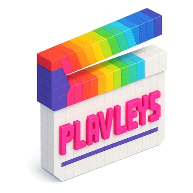 voxel style movie clapperboard, white body, rainbow striped lid, pink text 'PLAVLEYS', isometric view sticker